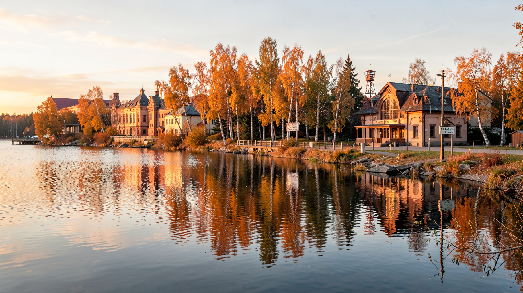 Lake Kallavesi shoreline in Kuopio, Finland at golden hour with a sign reading Yle Radio Suomi Kuopio