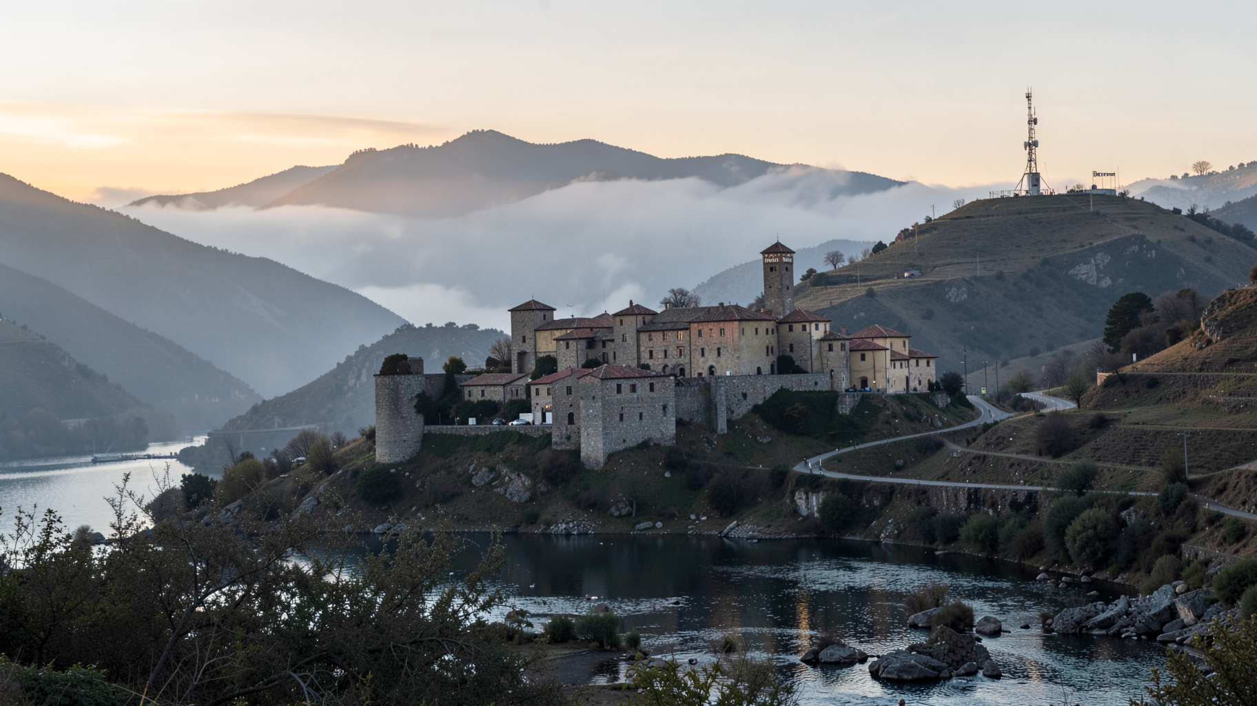 The medieval Đurđevi Stupovi monastery above the Lim river valley near Berane, Montenegro at sunrise
