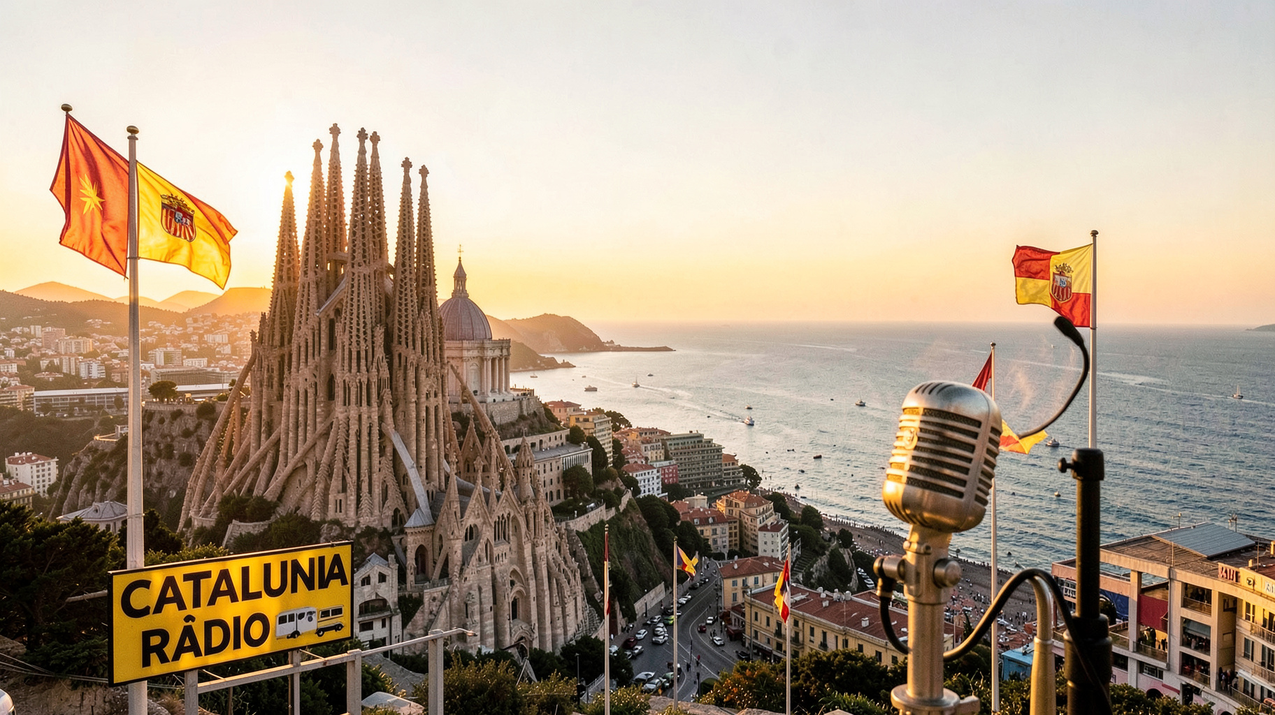 Barcelona at sunrise with the Sagrada Família, Catalan flags and a microphone with a sign reading Catalunya Ràdio
