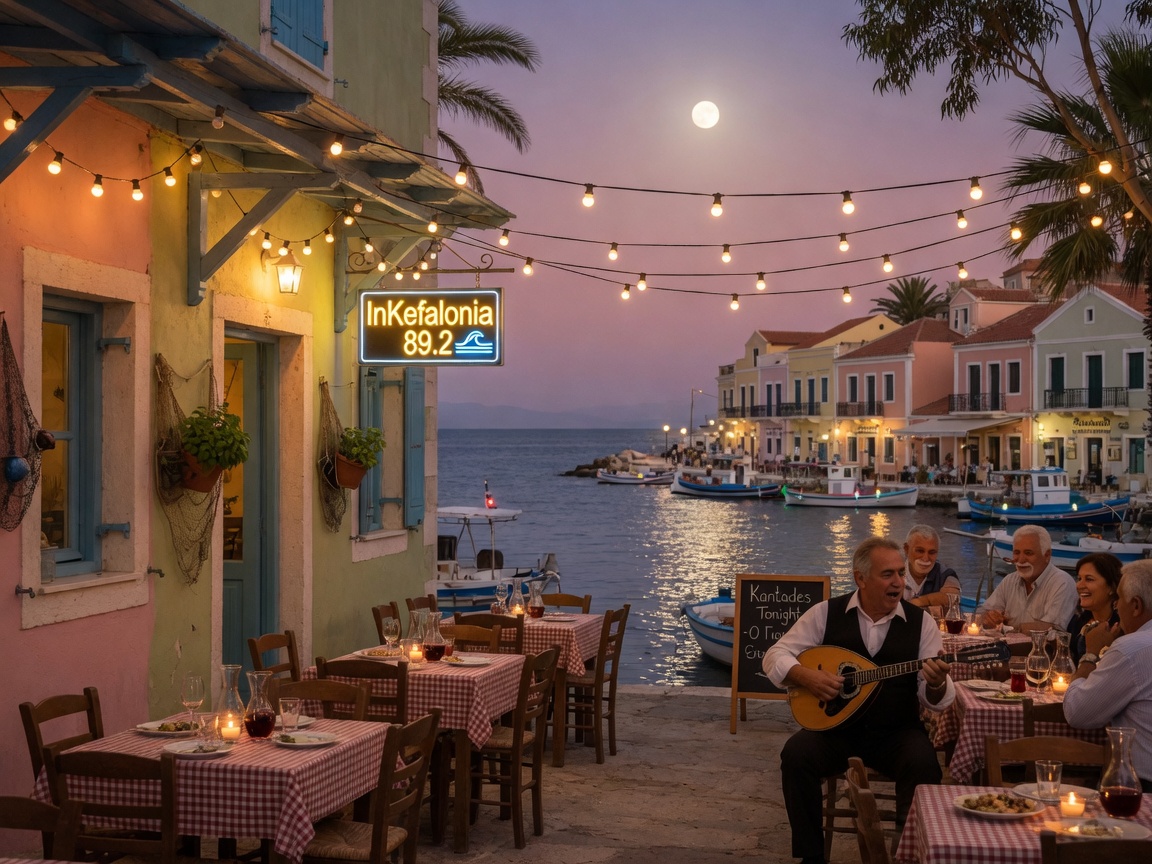 A mandolin player serenading at a harborside taverna in Argostoli, Kefalonia, with a small sign reading InKefalonia 89.2