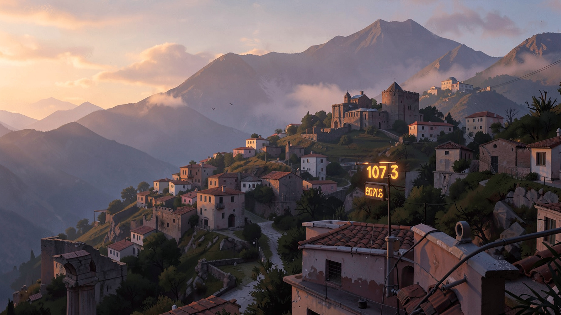The Greek town of Elassona at dusk on the foothills of Mount Olympus with a monastery on the hillside and a rooftop radio antenna