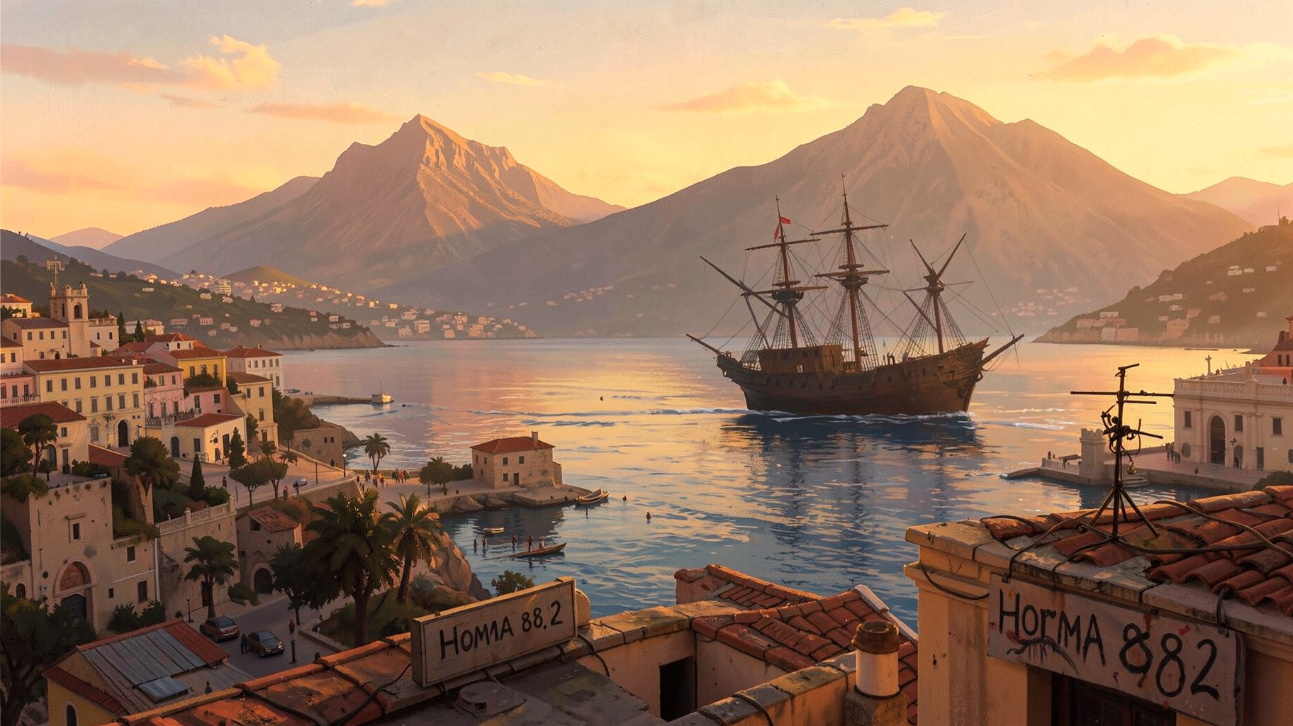 The ancient port of Volos, Greece at golden hour with the mythical ship Argo silhouetted against Mount Pelion