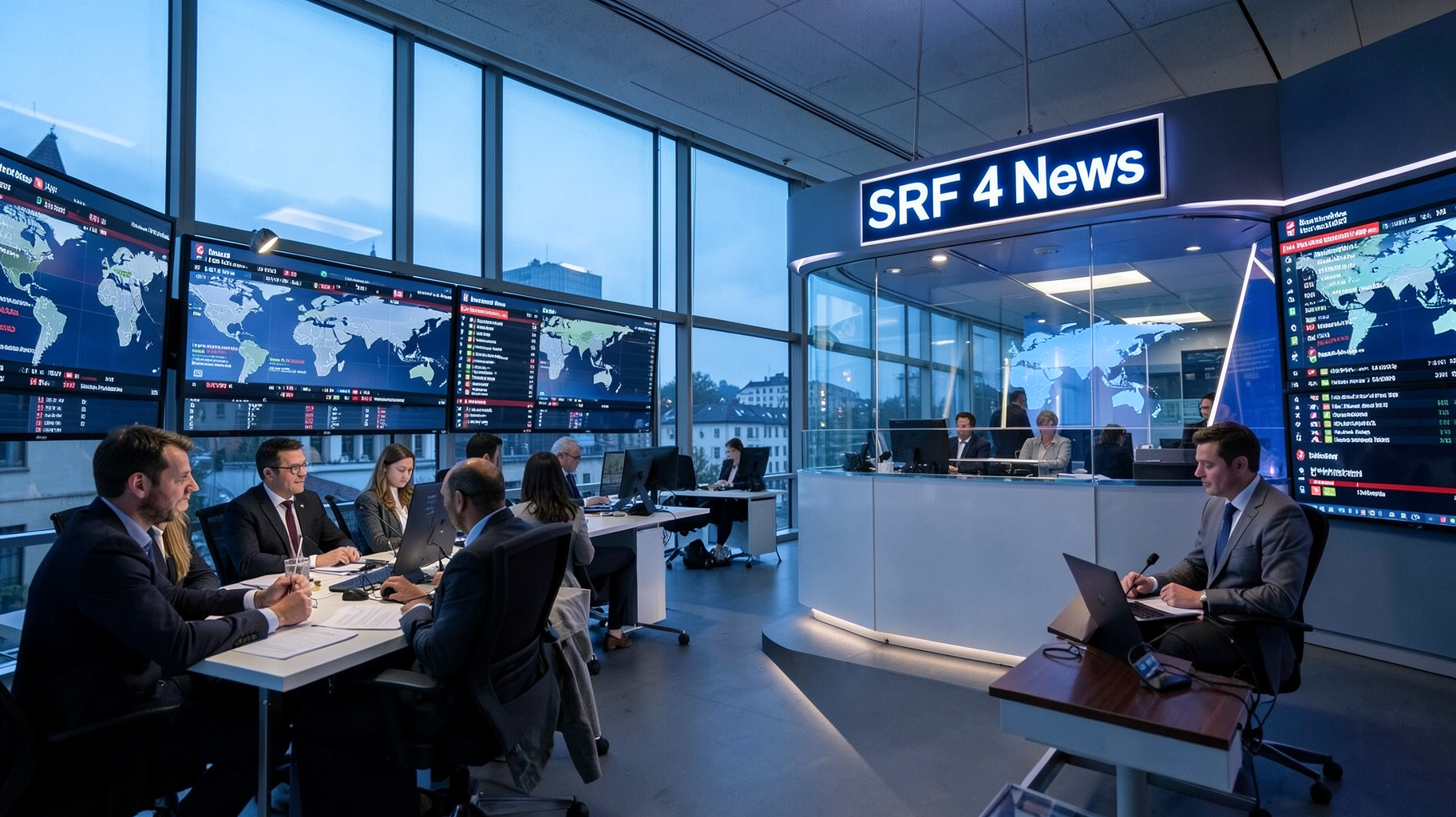 A modern Zurich newsroom at dawn with a glowing SRF 4 News sign above the broadcast booth
