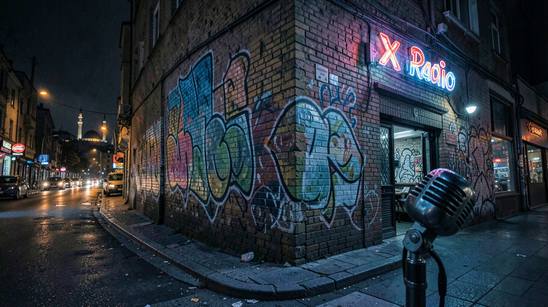 An Istanbul street corner at night with graffiti art, a vintage microphone and a glowing X Radio sign
