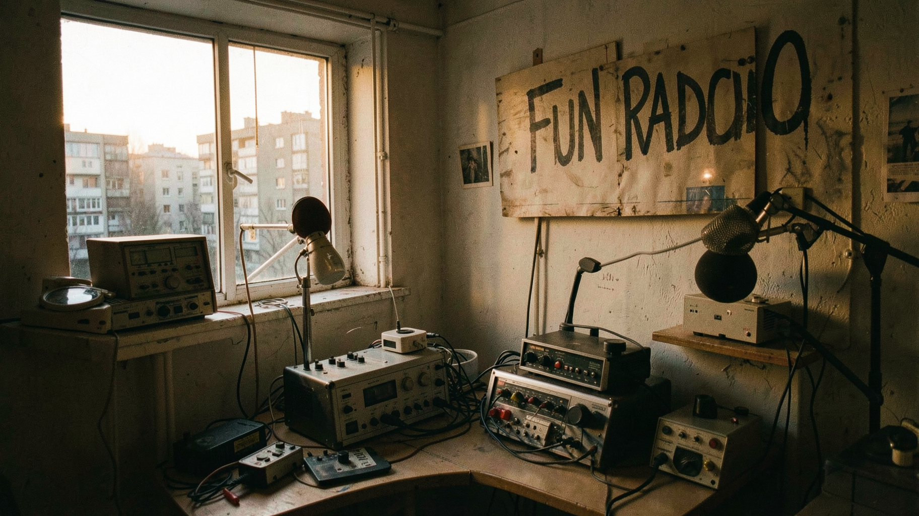 A scrappy improvised radio studio in Bratislava in 1990 with a hand-painted Fun Radio sign