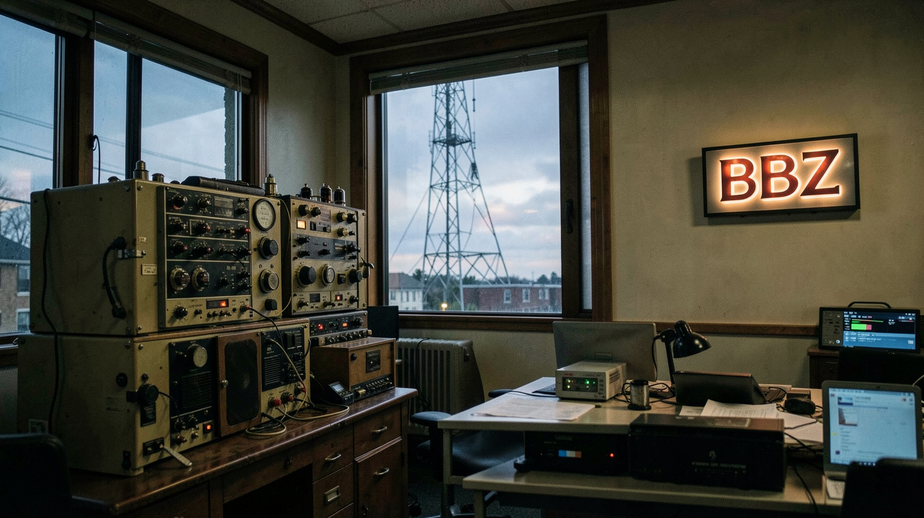 A historic 1920s radio transmitter room blending into a modern Boston newsroom with a sign reading WBZ