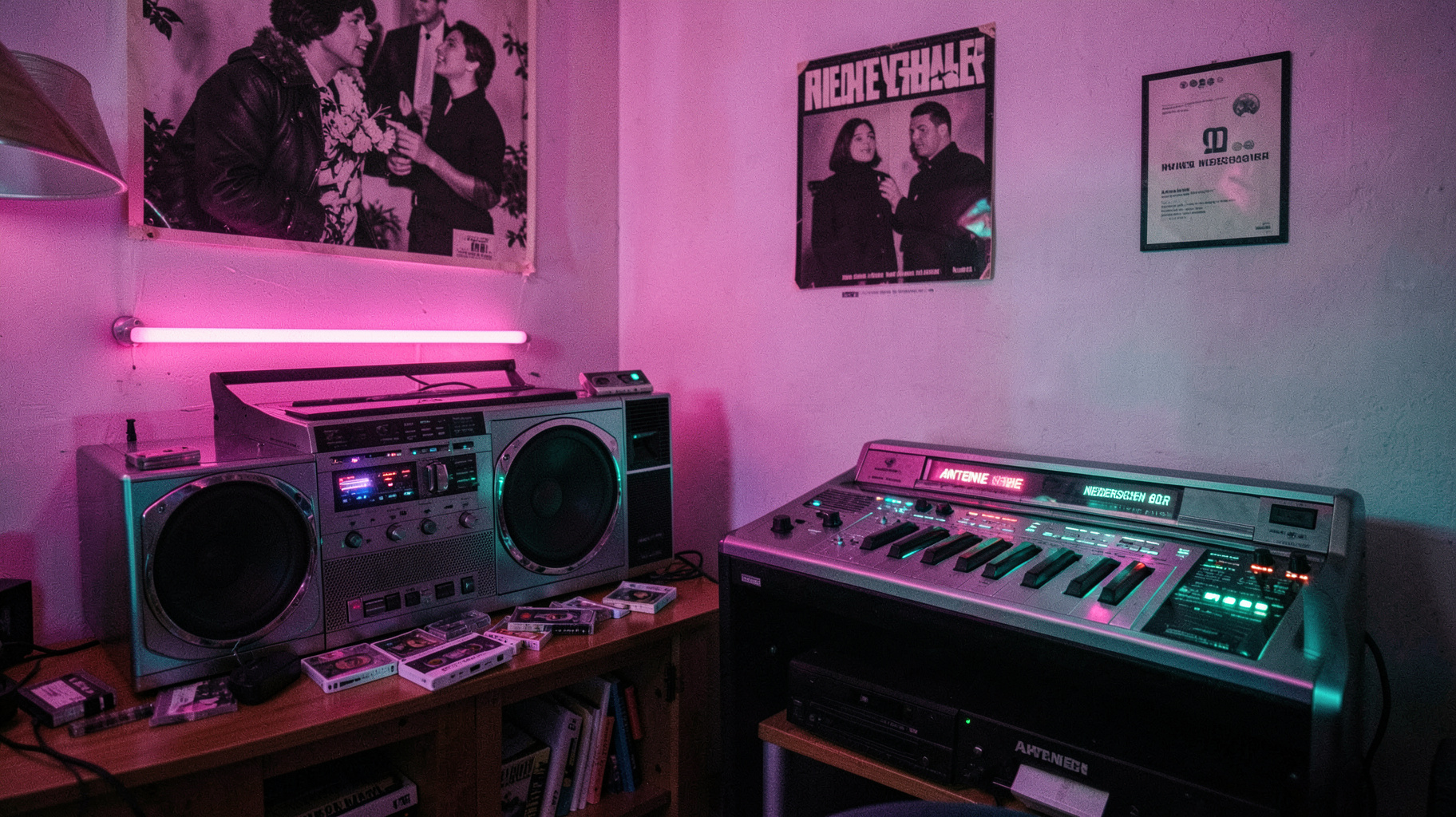 A retro 1980s German living room with a glowing radio dial reading Antenne Niedersachsen 80er