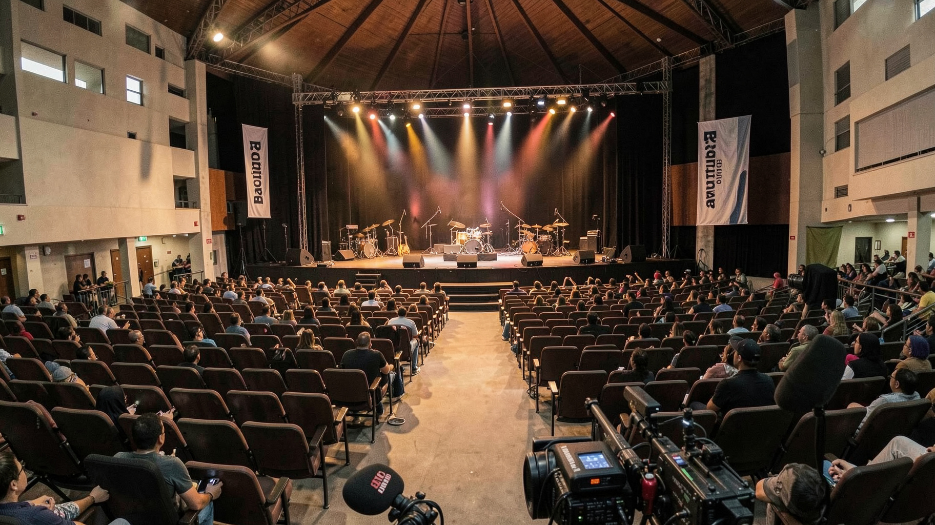 A massive evangelical megachurch sanctuary in San Salvador with a banner reading Radio Bautista