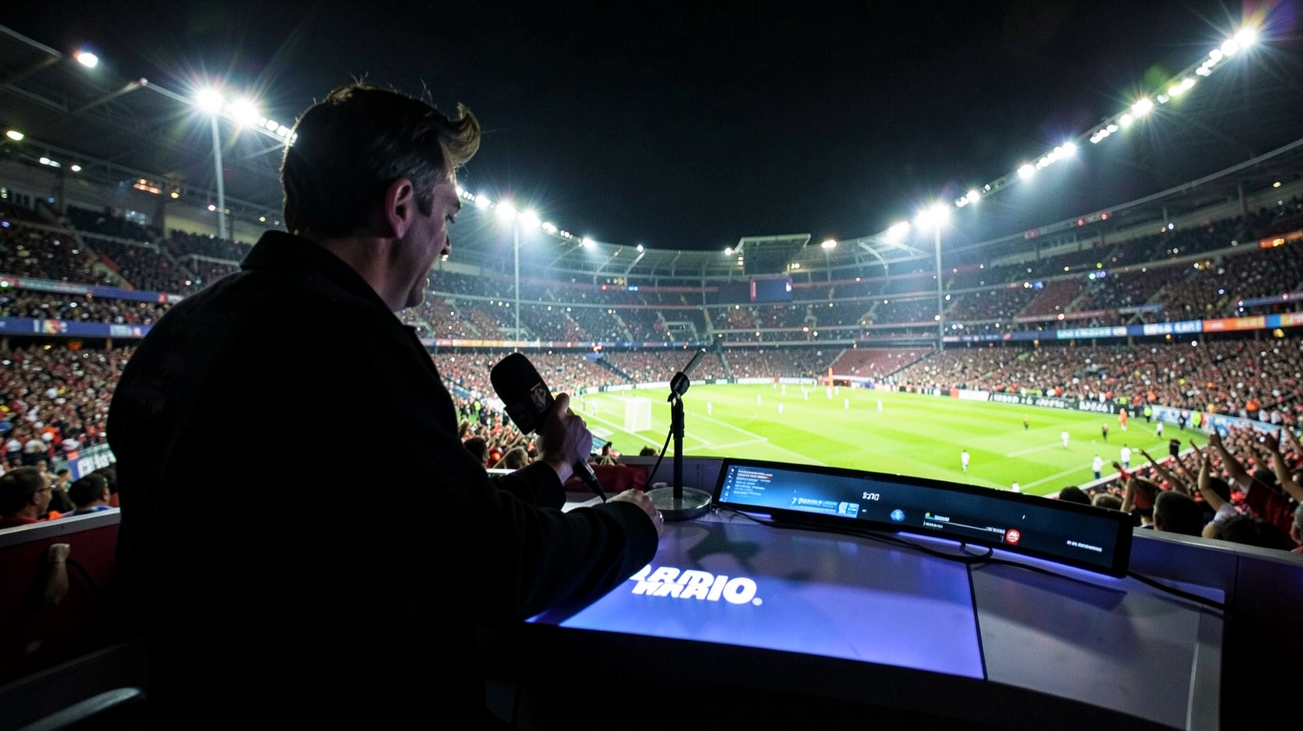 Radio commentary booth overlooking a floodlit Spanish football stadium, screen reading Radio Marca