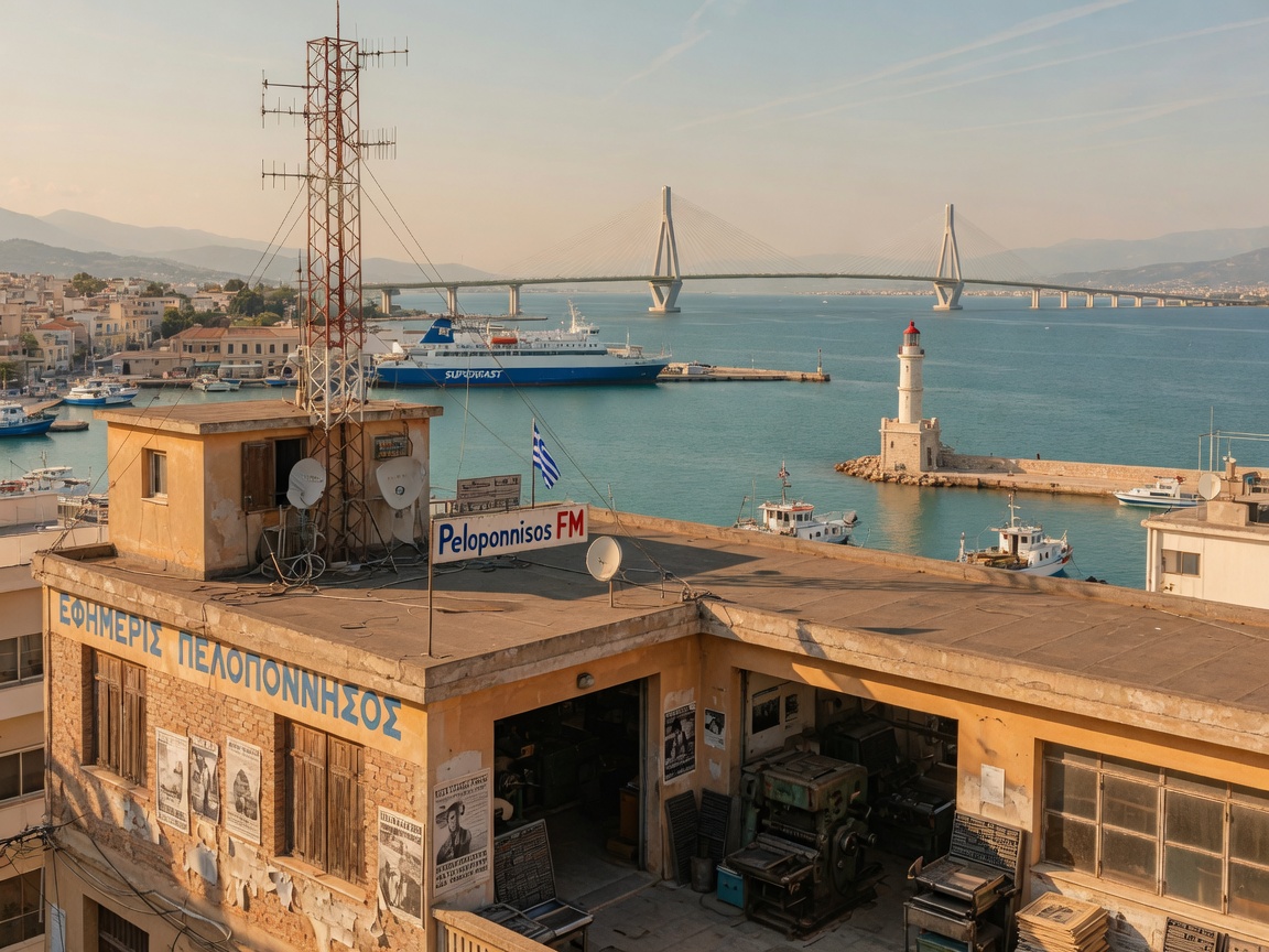 Patras harbor in Greece with a sign reading Peloponnisos FM near a broadcast tower, inspired by Peloponnisos 104.1