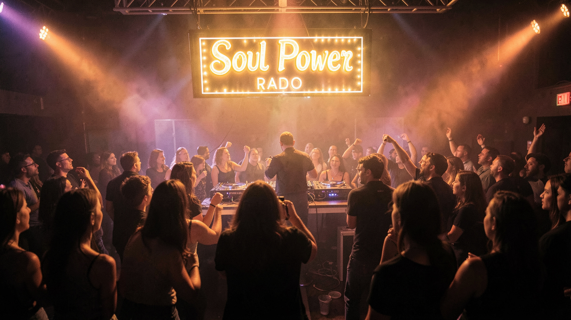 A packed British soul weekender dance floor at night under warm stage lights with a Soul Power Radio banner