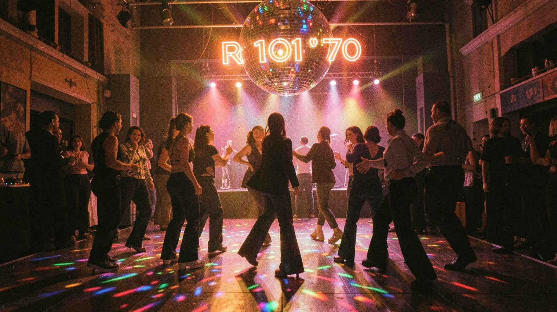 A 1970s Milan disco dance floor lit by a mirrored disco ball with a neon sign reading R101 '70 above the stage