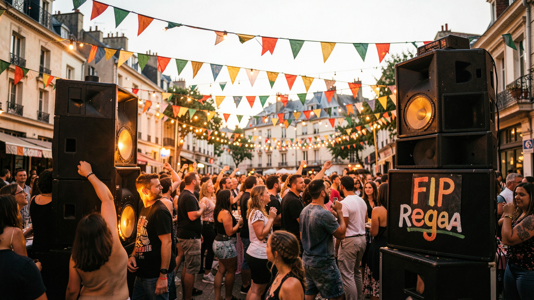 A sun-drenched reggae sound system block party in a Paris suburb with glowing speaker stacks and a dancing crowd