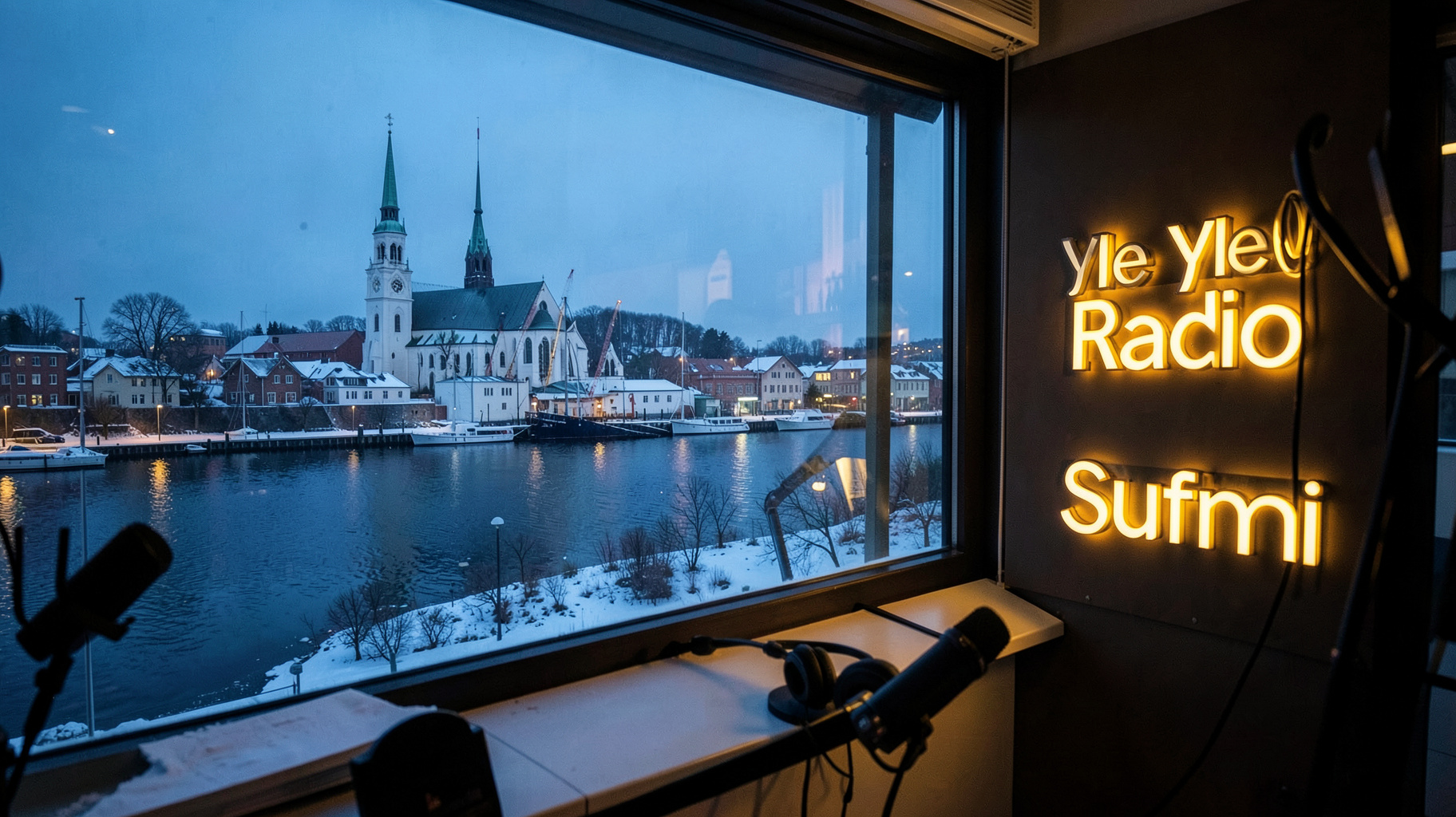Helsinki harbour and the Cathedral at blue hour with a radio studio window and a sign reading Yle Radio Suomi