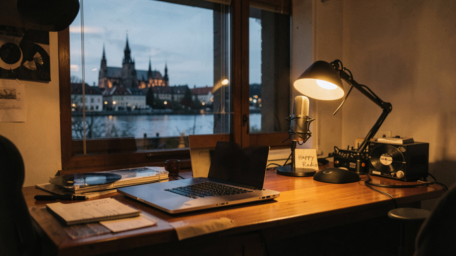 A cozy home radio studio at dusk in Basel with a laptop, microphone, and a handwritten sign reading Happy Radio
