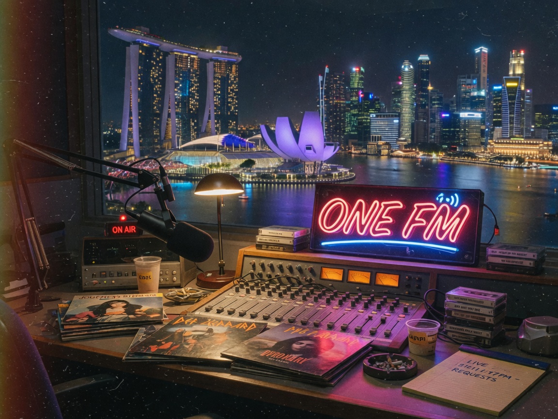A retro Singapore radio studio at night with a neon ONE FM sign and the Marina Bay skyline through the window
