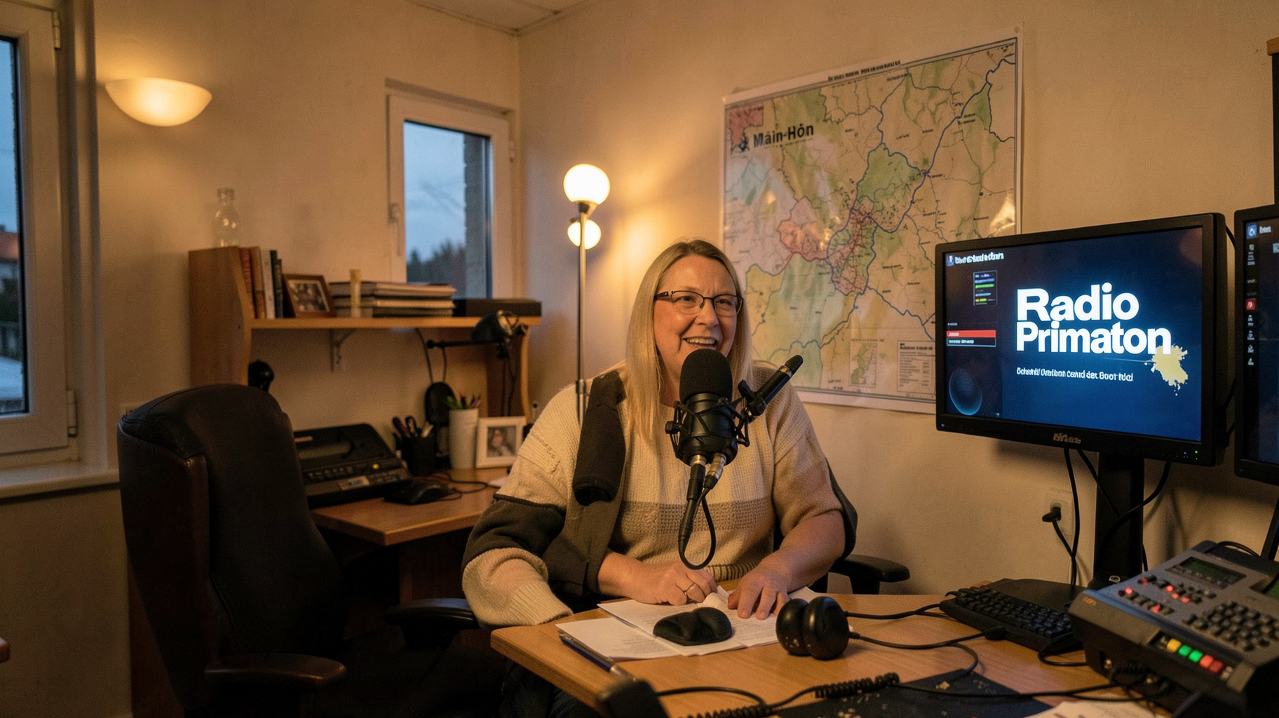 A small-town German radio newsroom in Schweinfurt with a regional map and a microphone
