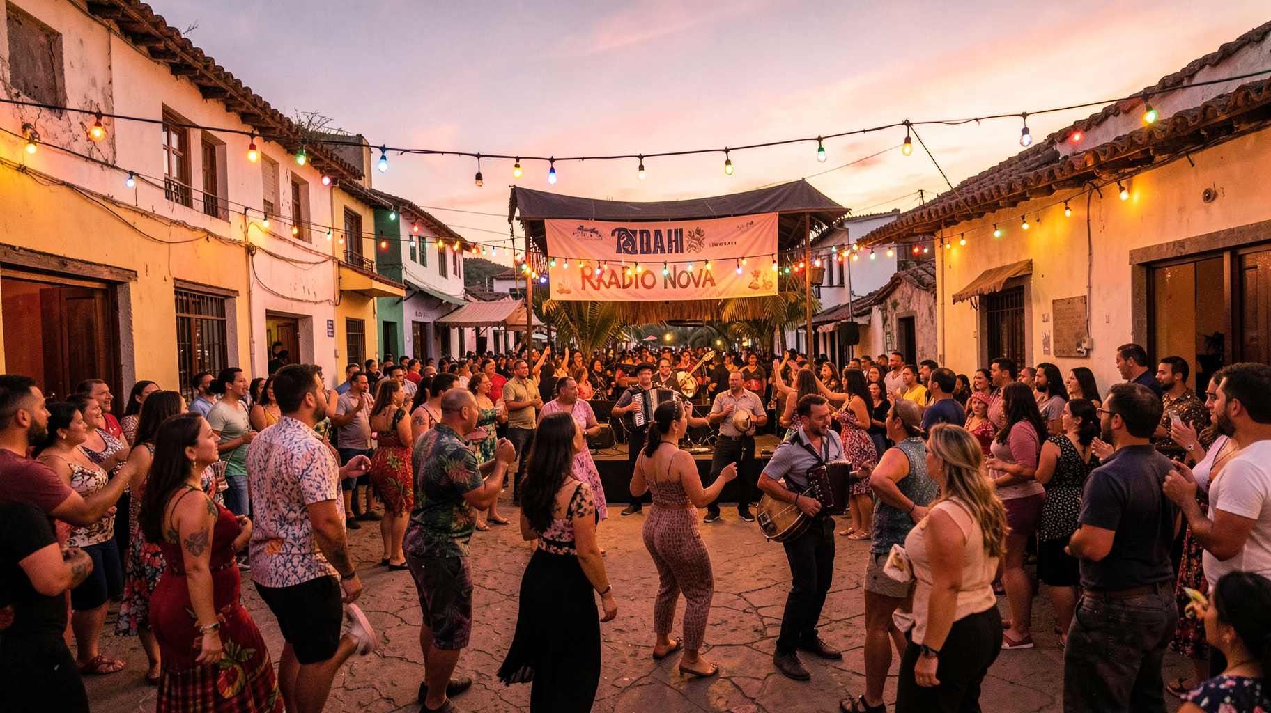 A lively outdoor cumbia dance floor in Trujillo, Peru at dusk with a banner reading Radio Nova above the crowd