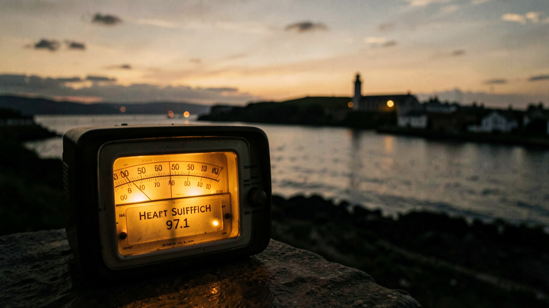 A vintage FM radio dial glowing at dusk over the Ipswich waterfront with a sign reading Heart Suffolk 97.1, inspired by Heart Suffolk radio station