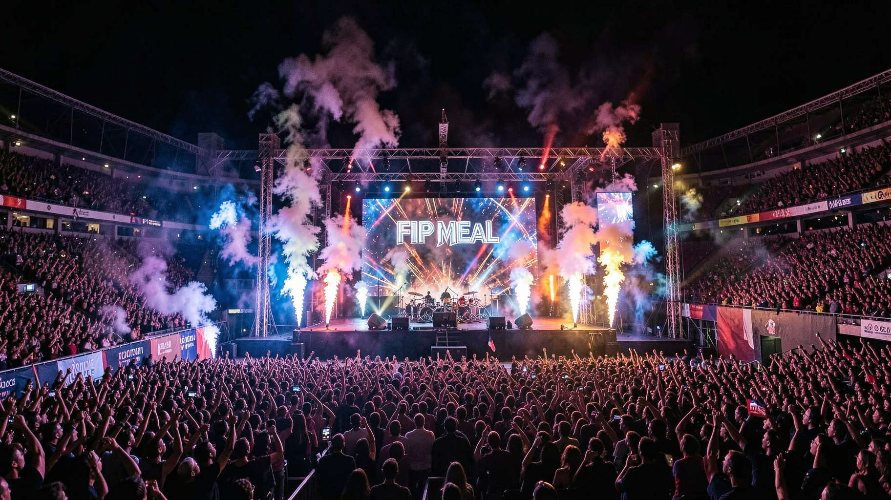 A dramatic stadium concert stage at night with pyrotechnics and a screen reading FIP Metal