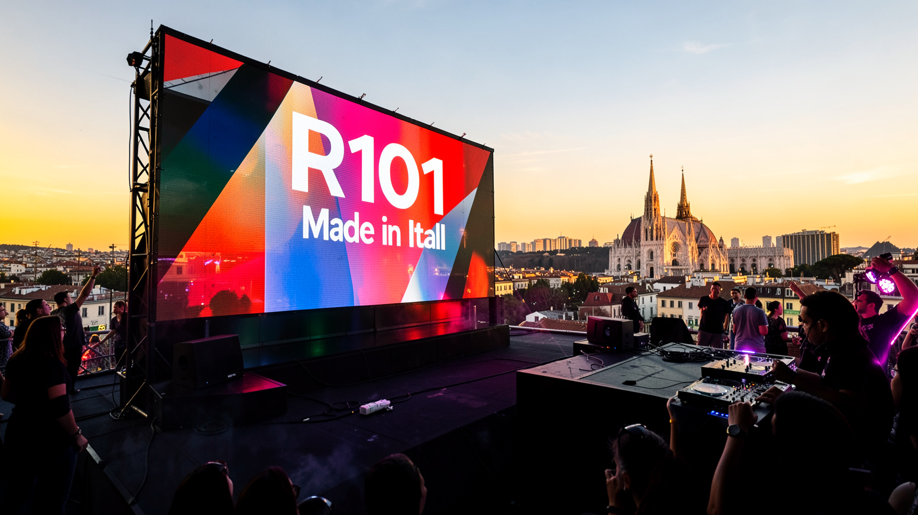 A Milan rooftop at golden hour with an illuminated screen reading R101 Made in Italy and the city skyline behind it