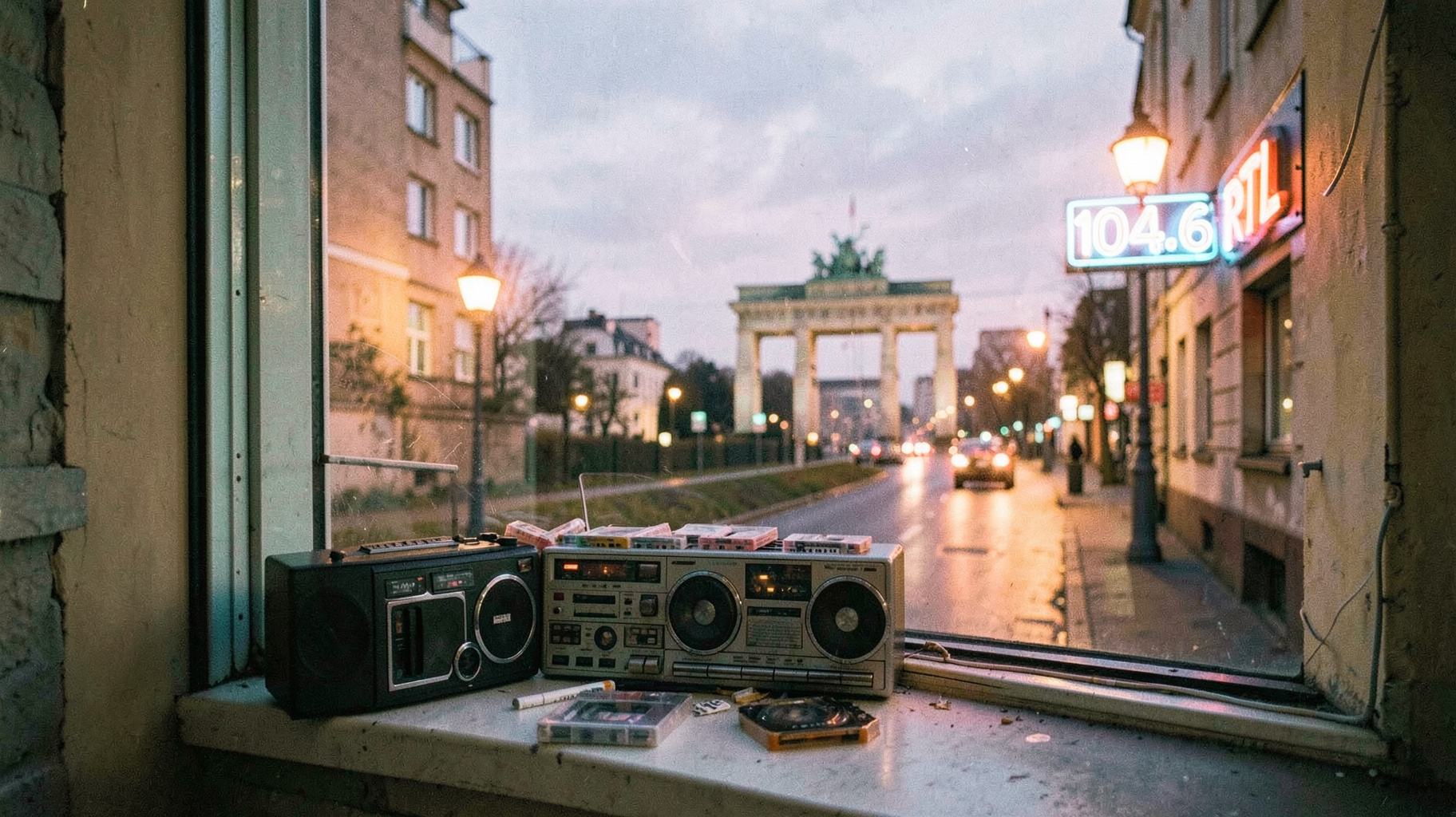 A nostalgic 1991 Berlin street scene with the Brandenburg Gate in the distance and a neon sign reading 104.6 RTL