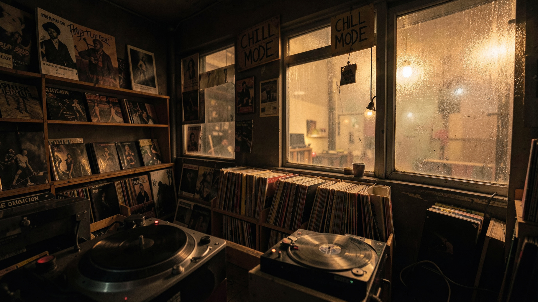 A moody basement record store at night with vinyl crates and a spinning turntable, trip hop atmosphere