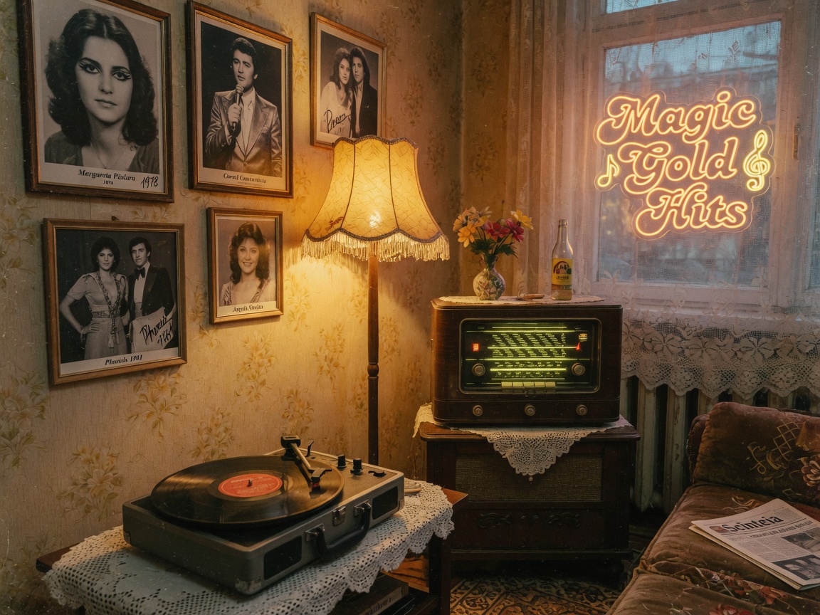A warm, nostalgic living room scene evoking Magic Gold Hits radio in Romania