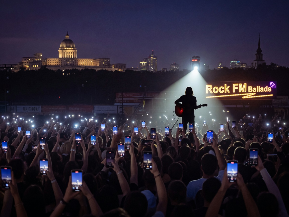 A packed rock concert crowd holding up phone lights during a slow ballad with a glowing Rock FM Ballads sign above the stage