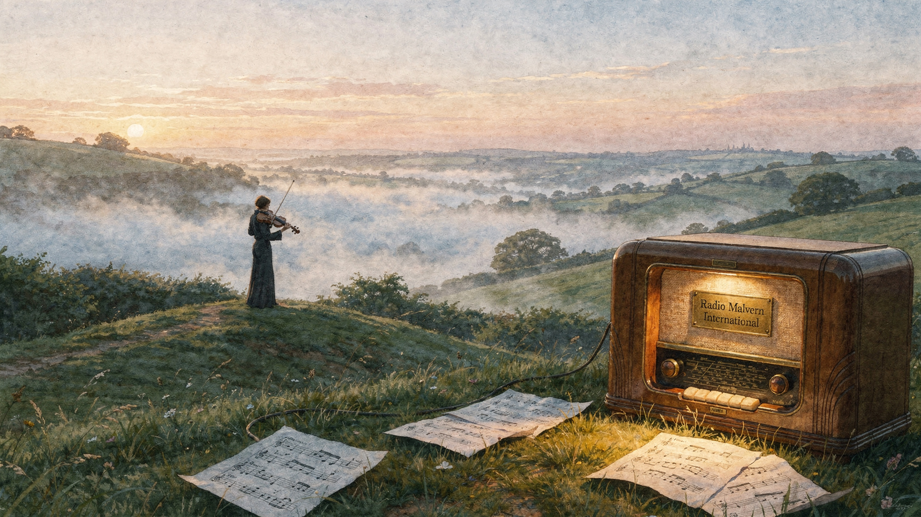The Malvern Hills at dawn with a violinist silhouette and an antique radio reading Radio Malvern International, inspired by Radio Malvern International