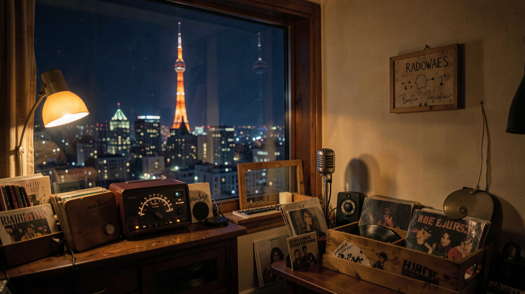 A cozy home radio studio at night overlooking the Toronto skyline with a sign reading RADIOWAVES