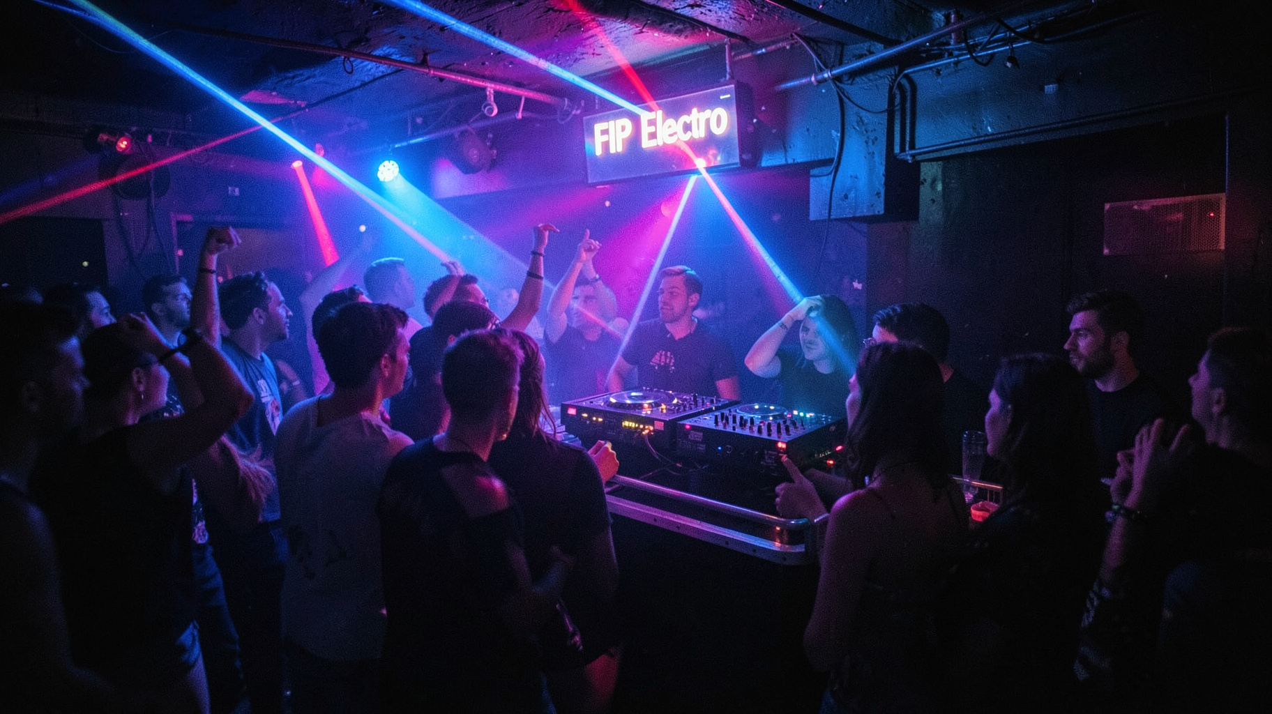 An underground 1990s Paris nightclub with laser lights, a dancing crowd and a glowing synthesizer on stage