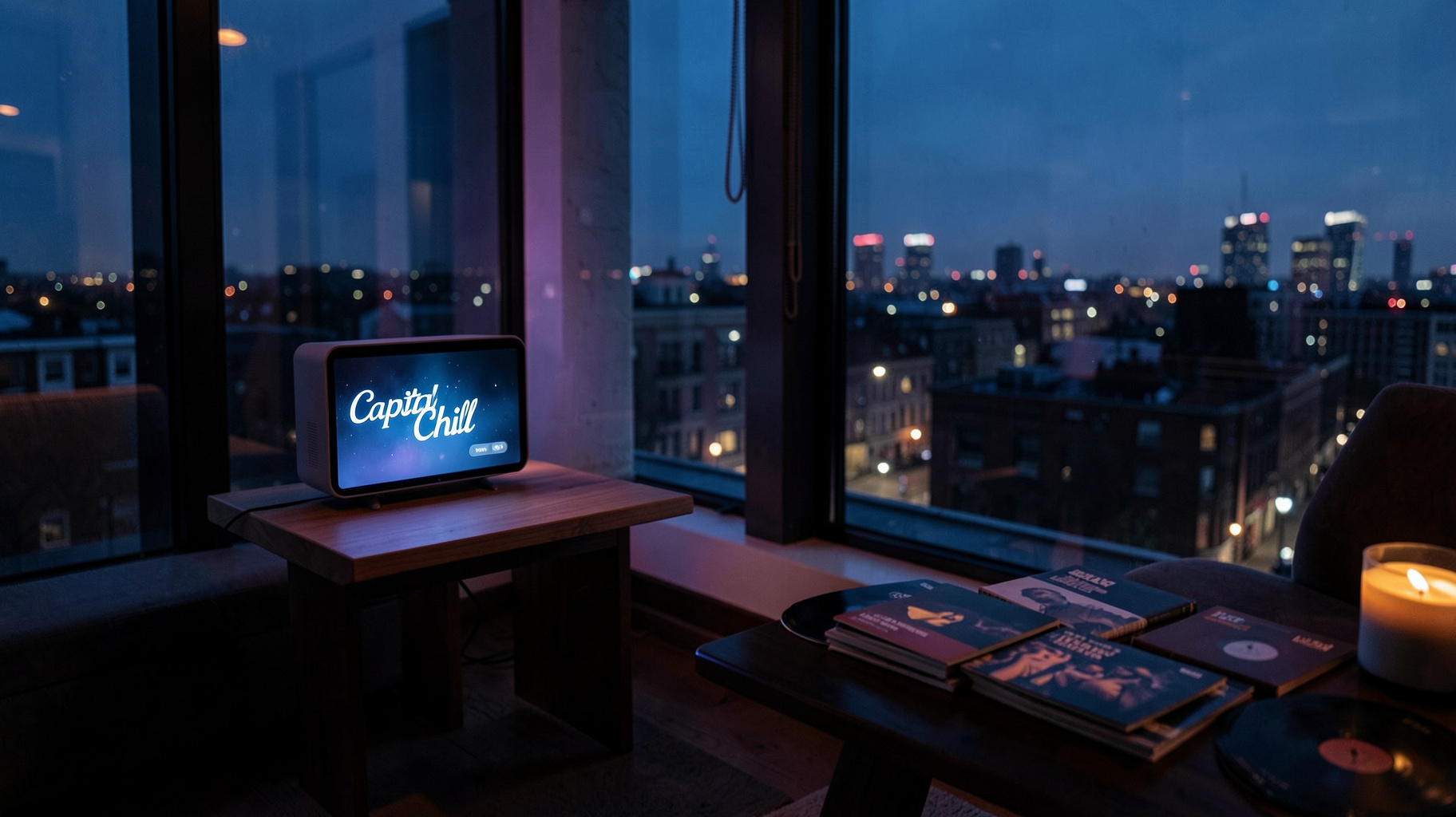 A cozy modern London loft at night with a smart speaker glowing on a side table displaying Capital Chill