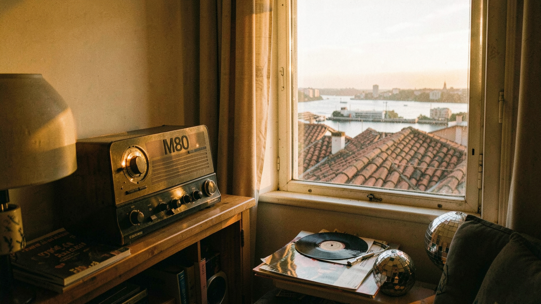Retro Lisbon apartment with a glowing vintage radio and disco ball light