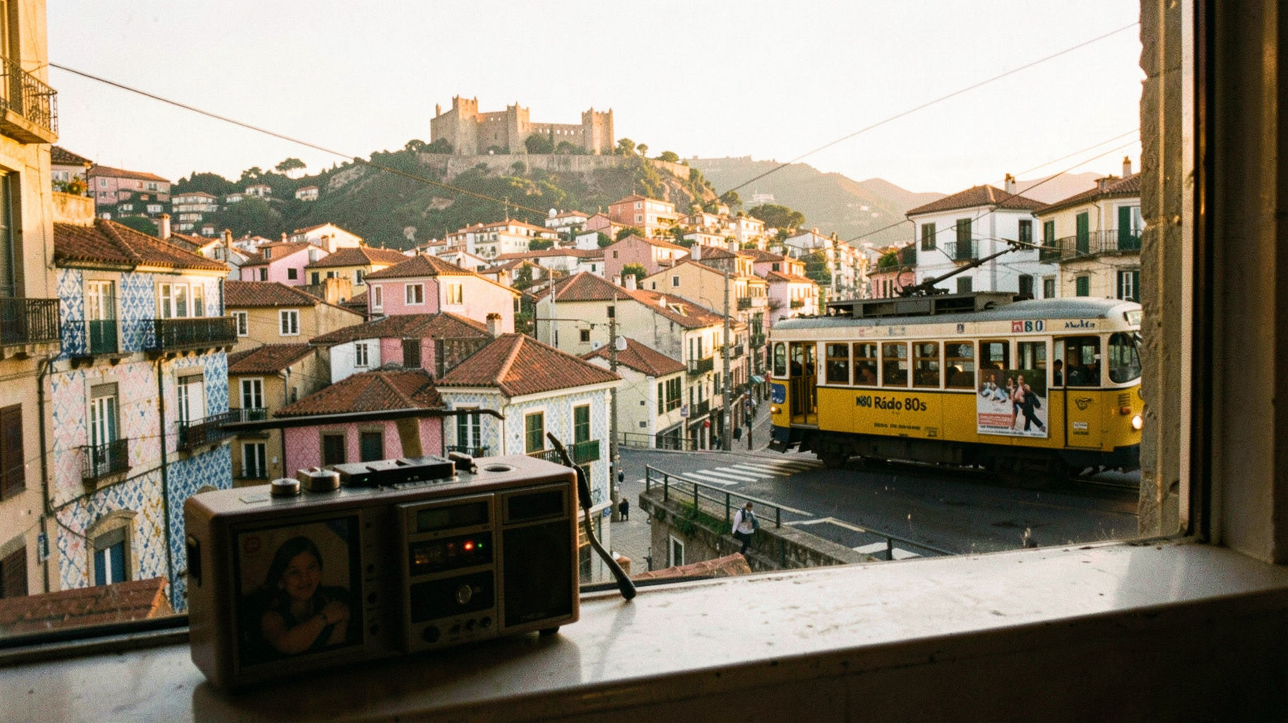 A nostalgic Lisbon street scene with a vintage tram advertising M80 Radio 80s