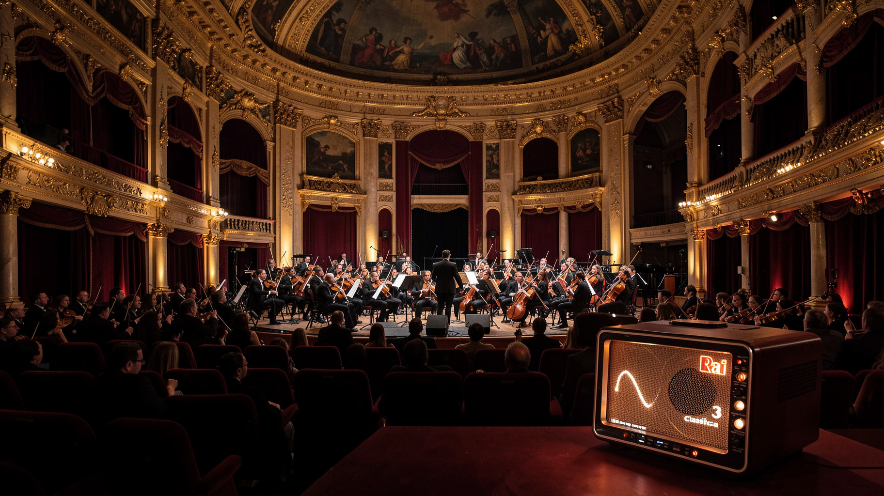 A grand Italian concert hall with an orchestra and a vintage radio speaker glowing in the foreground