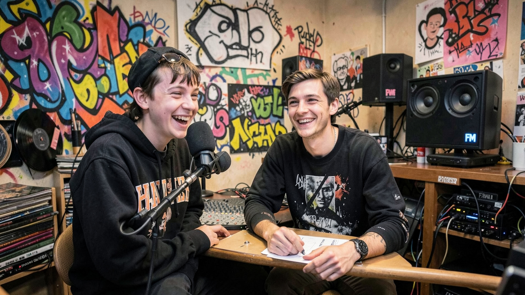 A youthful Brussels radio studio with graffiti art and a screen reading Pure FM