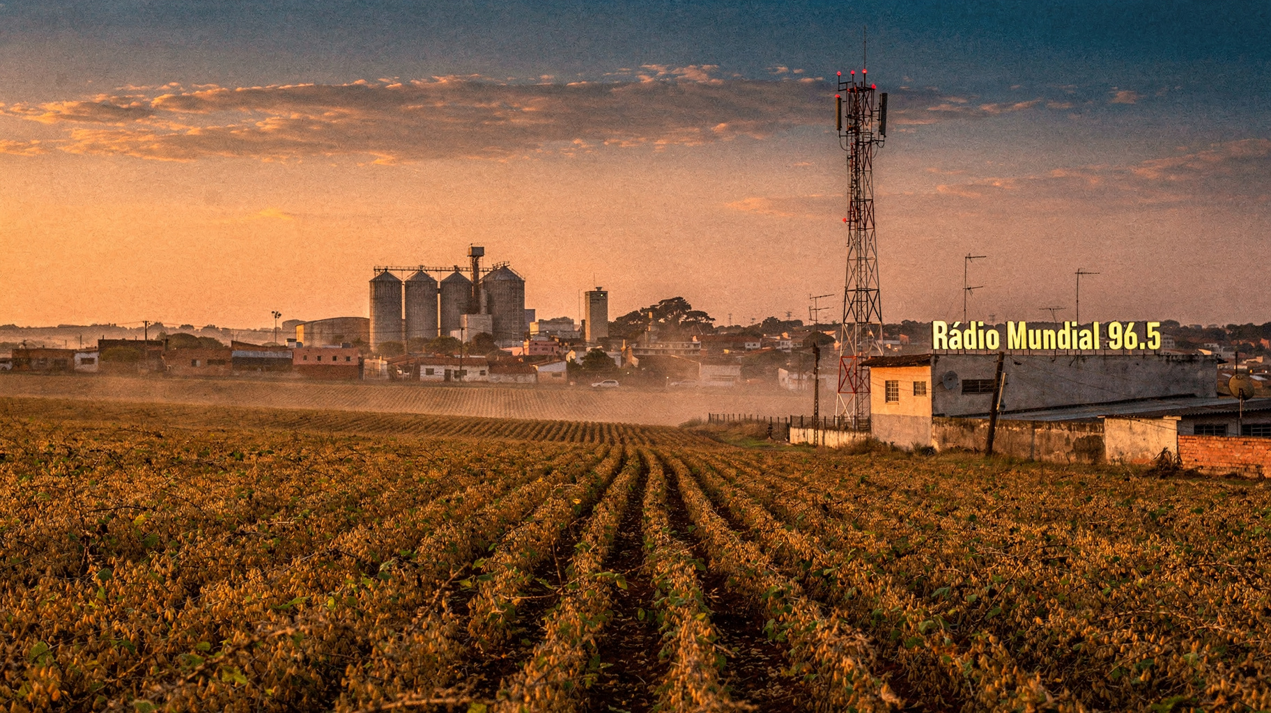 Golden soybean fields in southern Brazil at sunset with a radio tower reading Rádio Mundial 96.5, inspired by Rádio Mundial