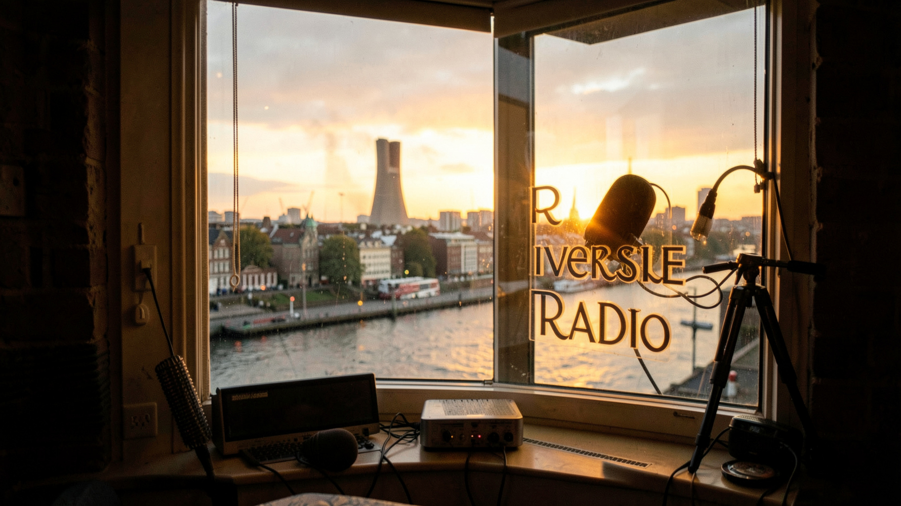 Community radio studio overlooking the Thames in Battersea with a Riverside Radio sign