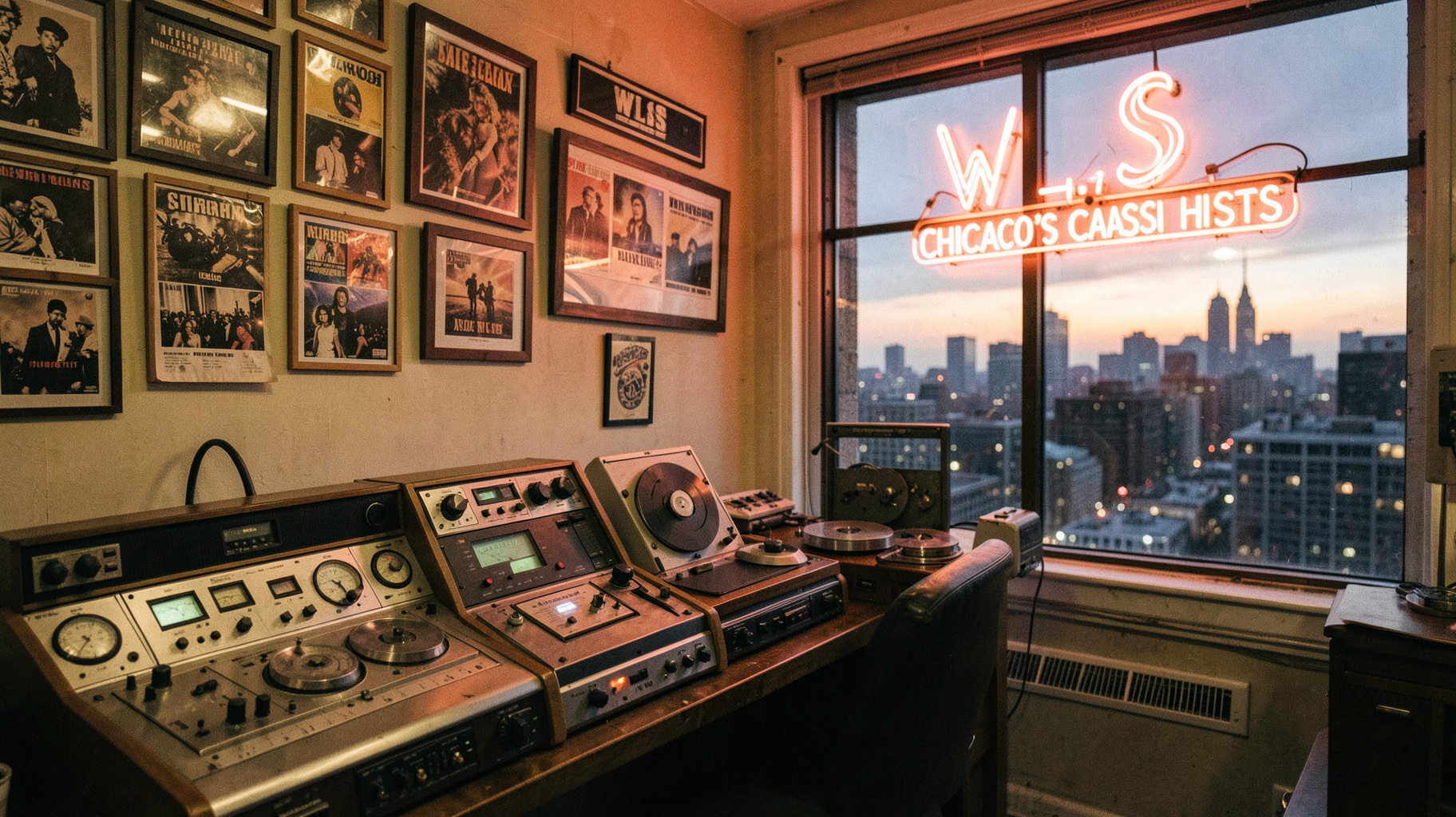 A vintage Chicago radio control room evoking WLS
