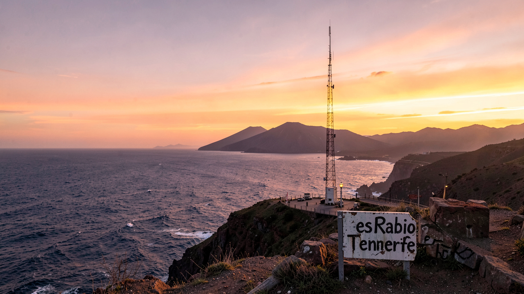 A coastal broadcast tower on a cliff in Tenerife with Mount Teide in the background and a sign reading esRadio Tenerife