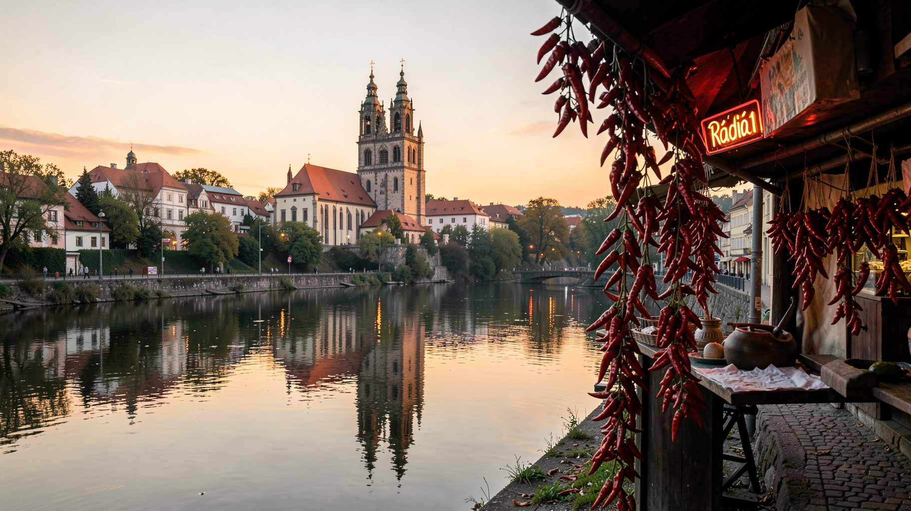 The Tisza River in Szeged, Hungary at golden hour with the Votive Church towers reflected in the water and a neon sign reading Radio 1