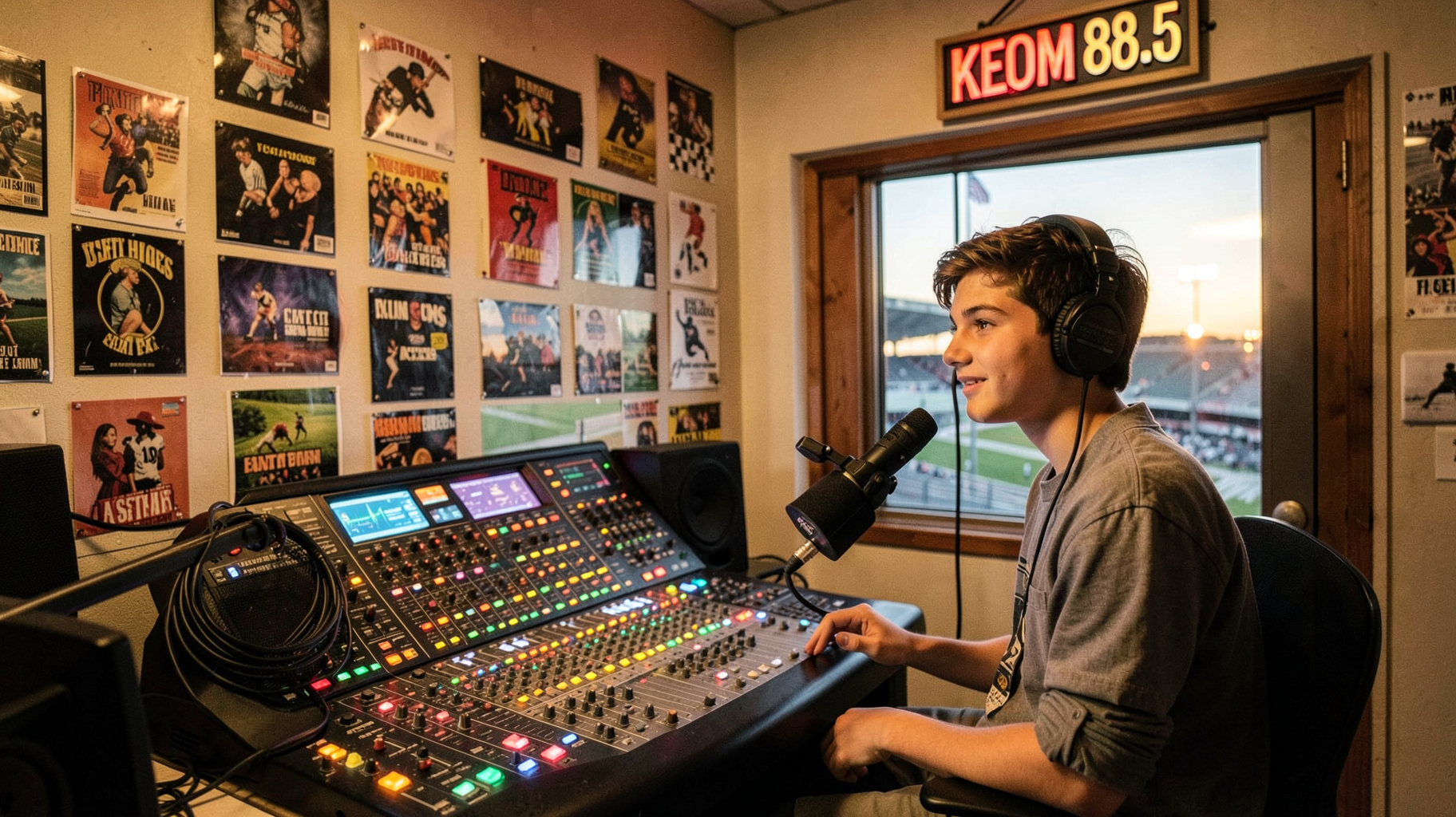 A bright high school radio studio in Texas with a teenage student at the microphone wearing headphones