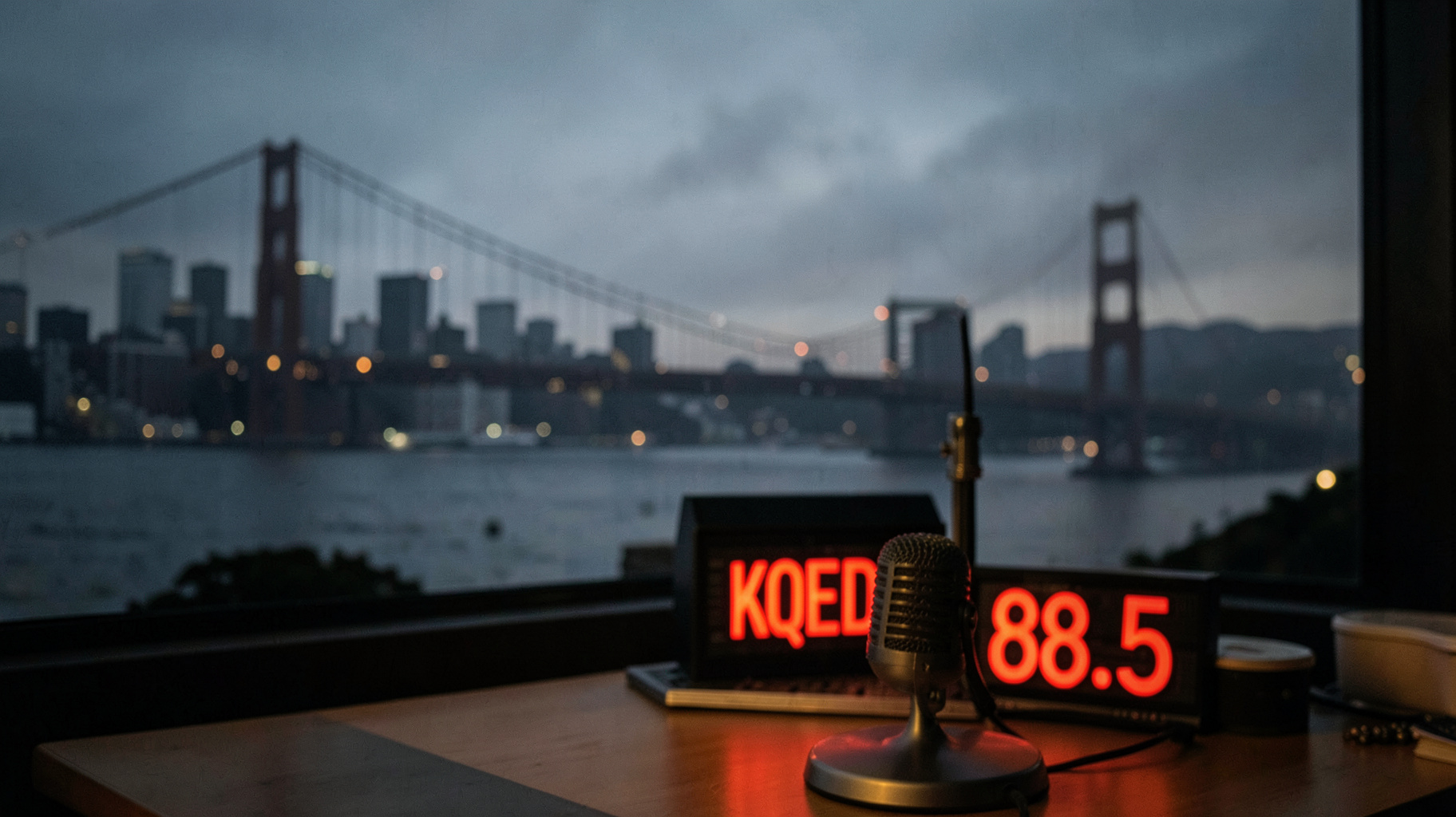 San Francisco skyline at dusk with a KQED 88.5 studio microphone in the foreground