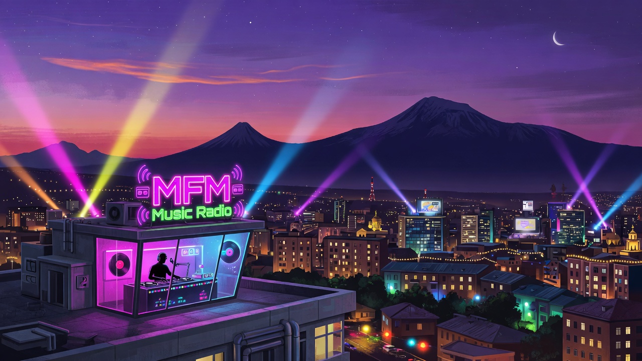 A vibrant nighttime skyline of Yerevan with Mount Ararat silhouetted in the distance under a purple sunset, a glowing rooftop radio studio with neon signage reading MFM Music Radio