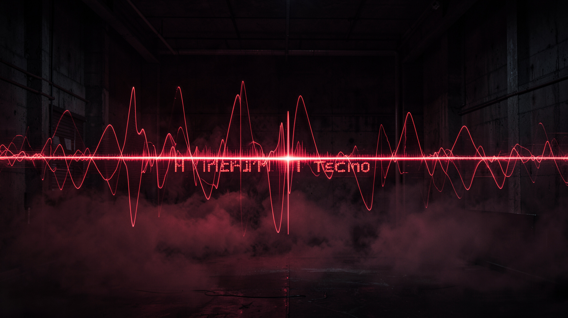 A dark abstract visualization of pounding techno sound waves with a readout reading Hirschmilch Techno