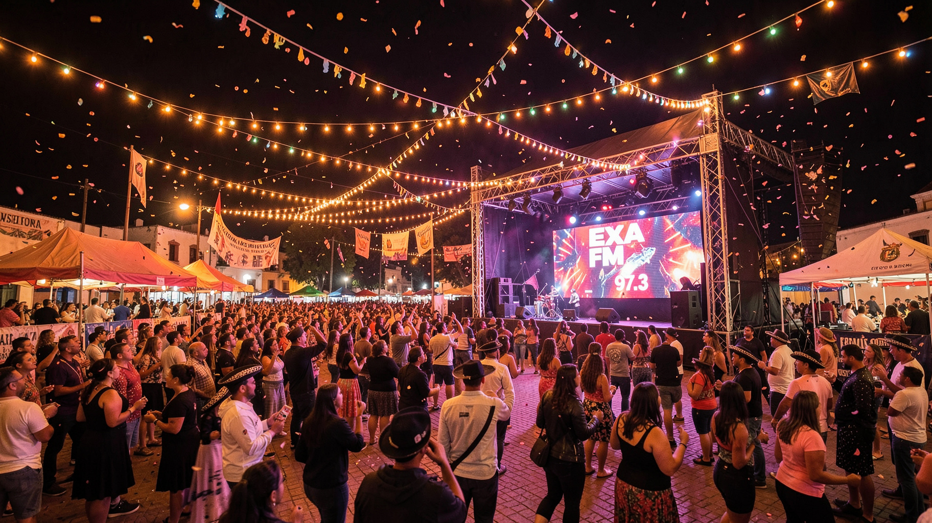 A vibrant nighttime scene at Aguascalientes' Feria Nacional de San Marcos fairground with a concert stage reading Exa FM 97.3