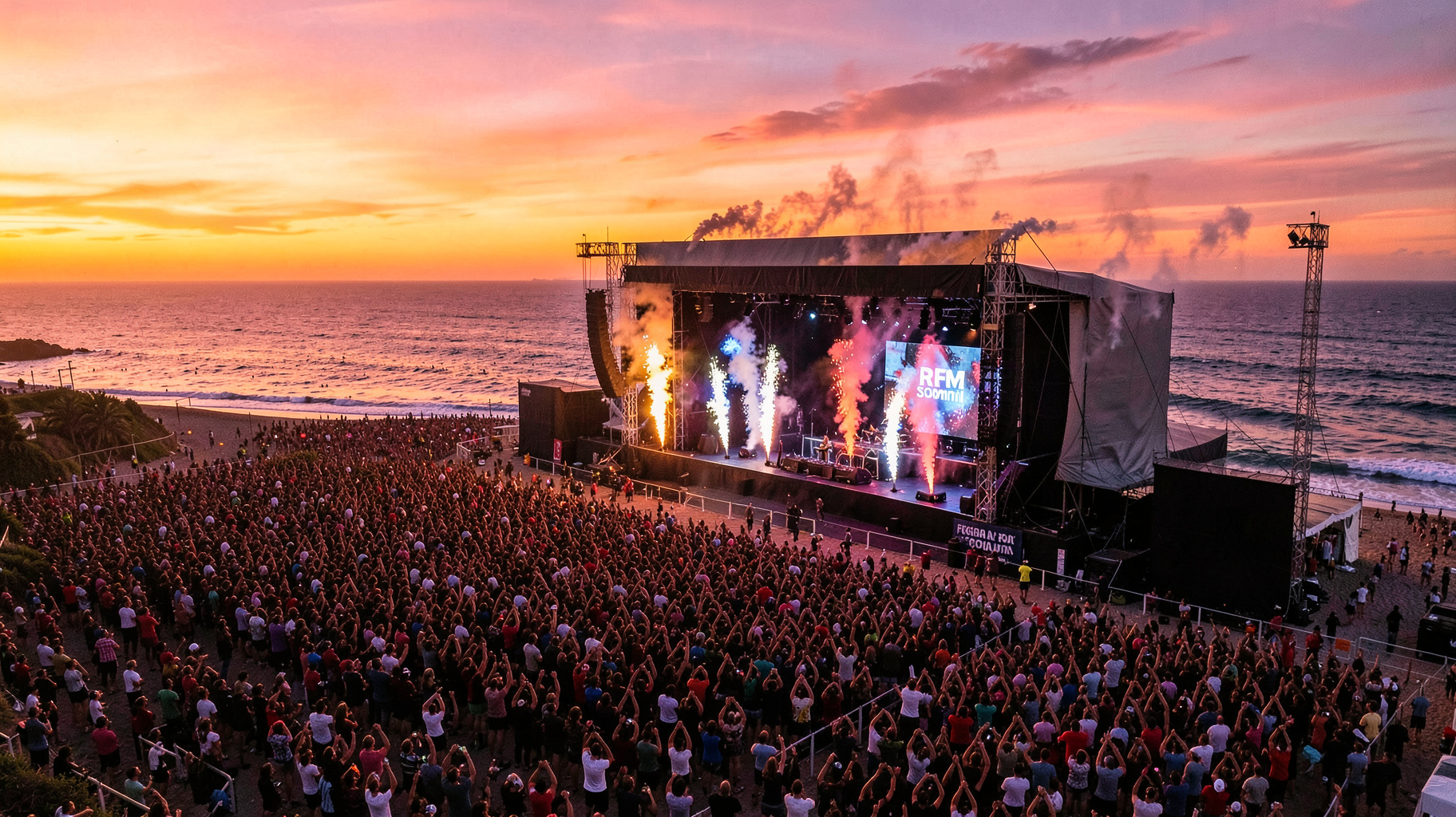 A massive beach music festival at sunset in Portugal with a screen reading RFM Somnii above the stage