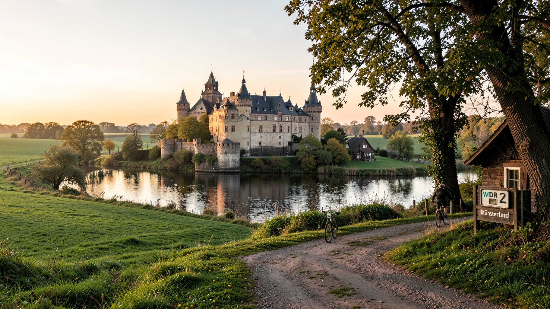 A grand moated castle in Münsterland, Germany with a cyclist on a nearby path and a sign reading WDR 2 Münsterland