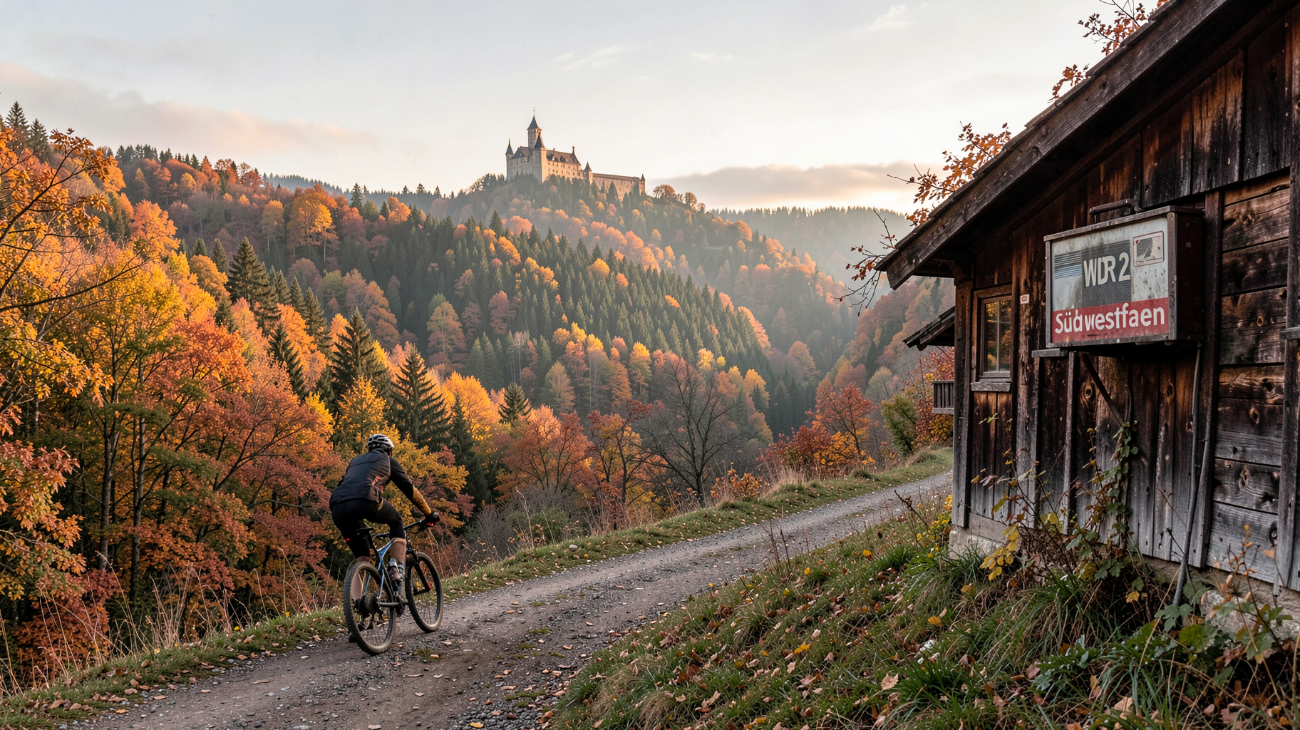 A forested hillside mountain bike trail in the Sauerland region of Germany with a sign reading WDR 2 Südwestfalen